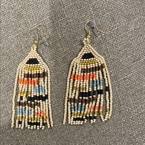 Bohemian Beaded Fringe Earrings in Cream and Blue